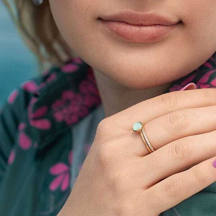 Silberschmuck Leaf Schmuck | Stacking Ring, Aqua Chalzedon, 6Mm, 18 K Gelbgold Vergoldet, Gr.50