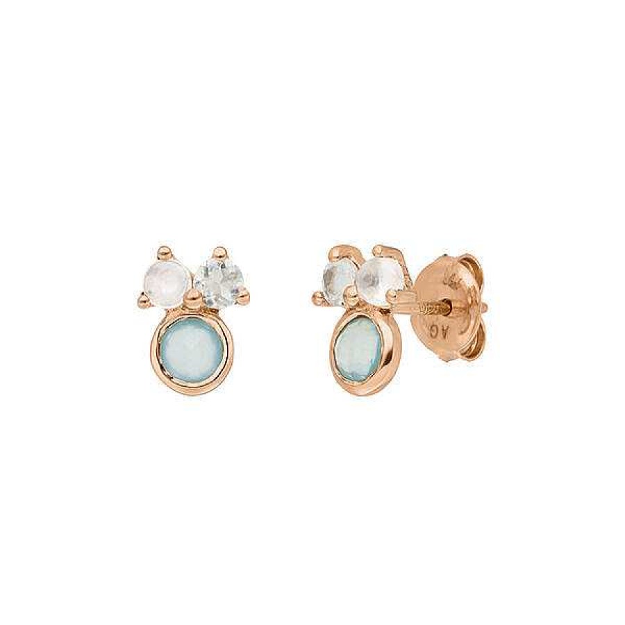 Silberschmuck Leaf Schmuck | Ohrstecker Three Gems, Aqua Chalzedon, 18 K Rosegold Vergoldet