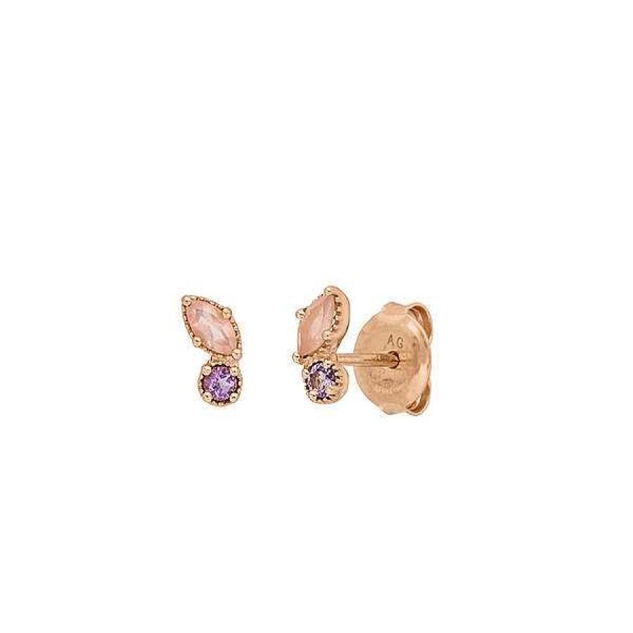 Silberschmuck Leaf Schmuck | Ohrstecker Two Gems, Rosenquarz, 18 K Rosegold Vergoldet