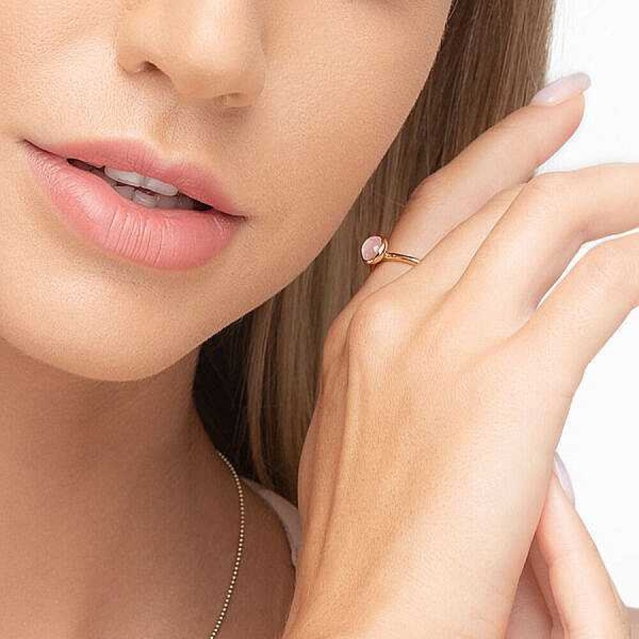 Silberschmuck Leaf Schmuck | Stacking Ring, Rosenquarz, 6Mm, 18 K Gelbgold Vergoldet, Gr.50