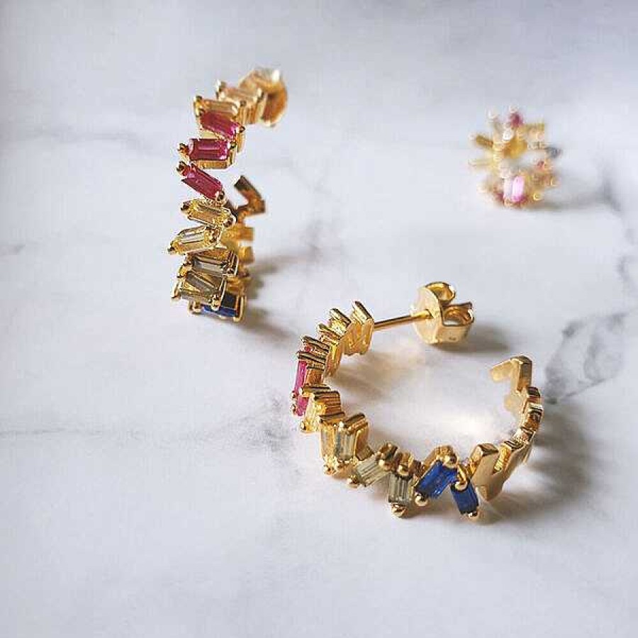 Silberschmuck Leaf Schmuck | Creole Ice Cube, Multi Colour Zirkonia, 18 K Rosegold Vergoldet