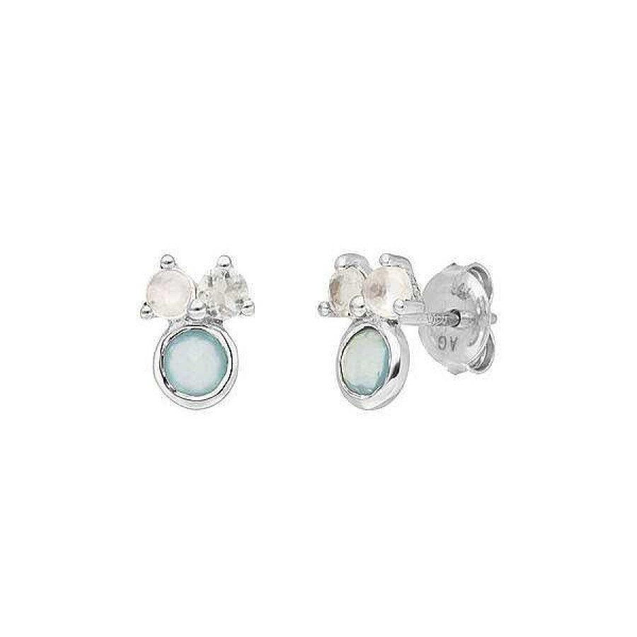 Silberschmuck Leaf Schmuck | Ohrstecker Three Gems, Aqua Chalzedon, 925 Sterlingsilber